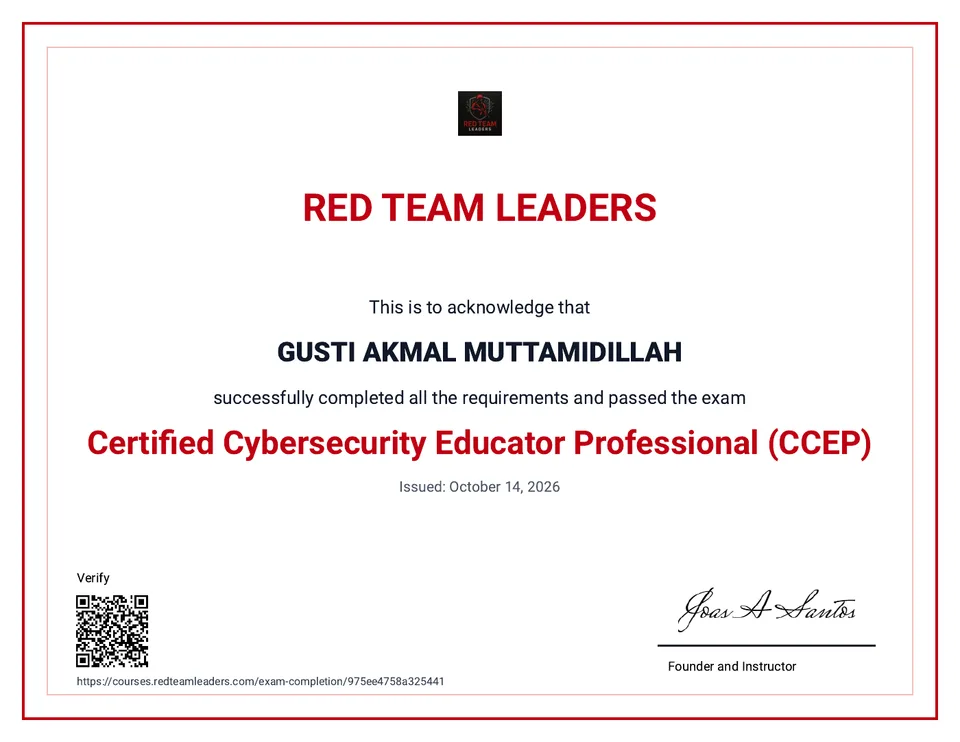 CCEP certificate for Gusti Akmal Muttamidillah, Red Team Leaders, 2026