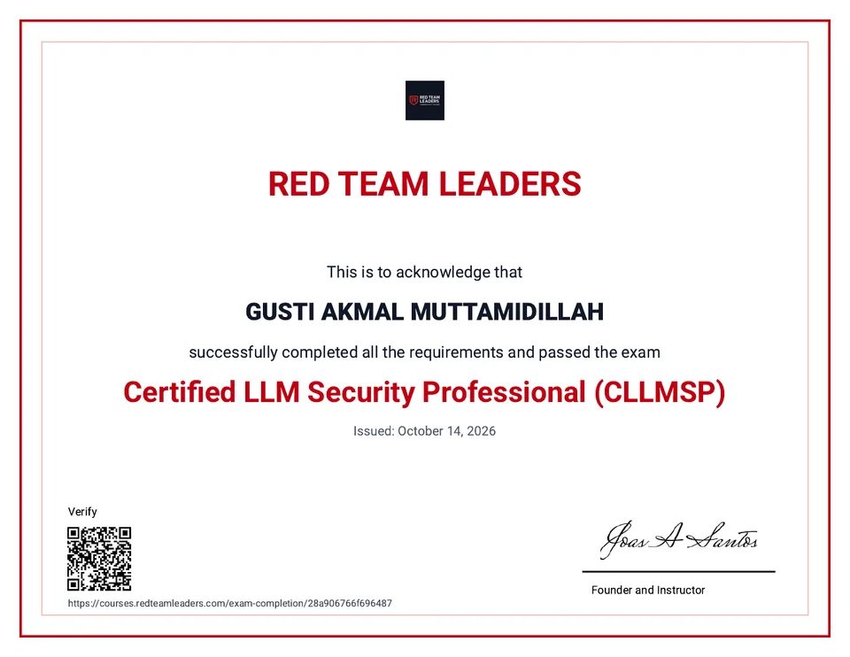 CLLMSP certificate for Gusti Akmal Muttamidillah, Red Team Leaders, 2026