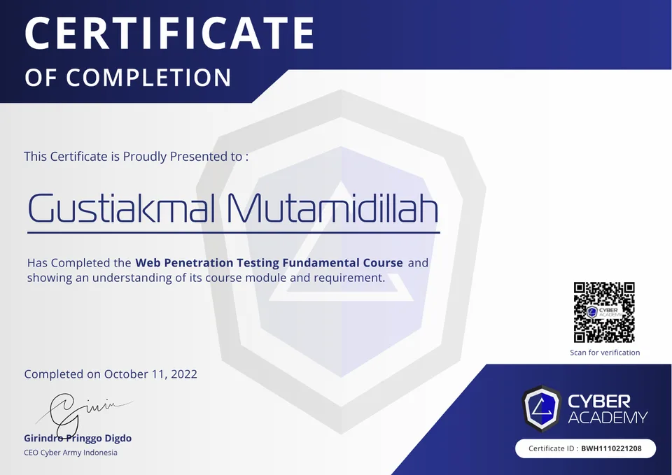 Cyber Academy Web Penetration Testing Fundamental course certificate for Gustiakmal Mutamidillah, 2022