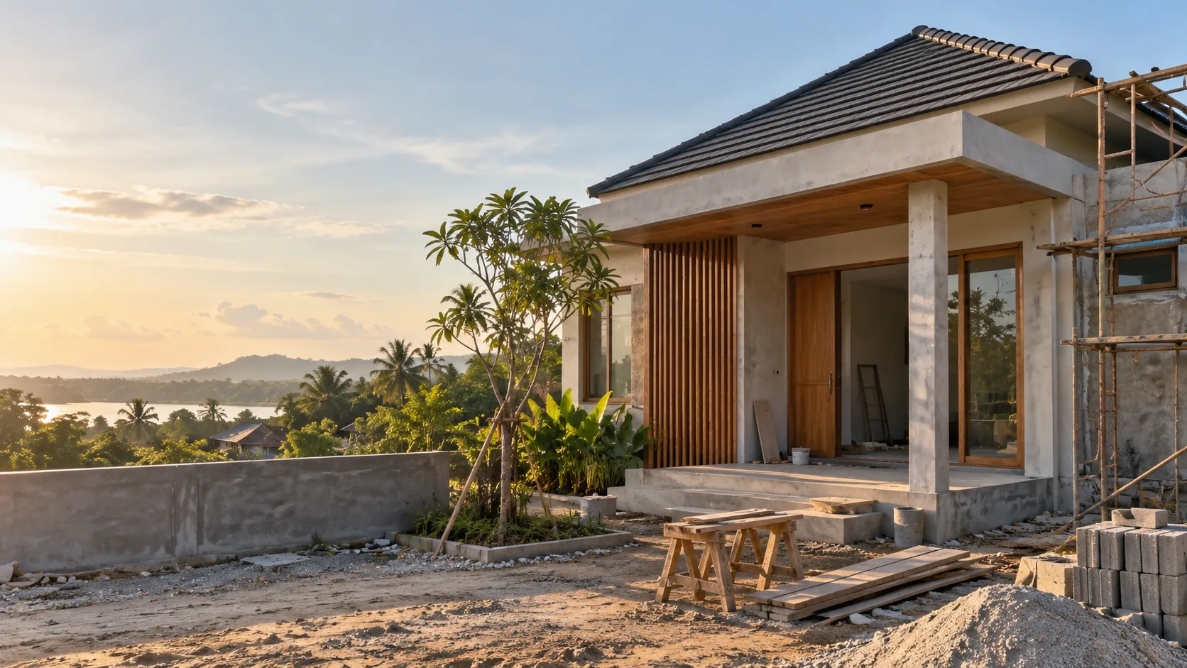 Visual sintetis rumah tropis dalam tahap akhir konstruksi