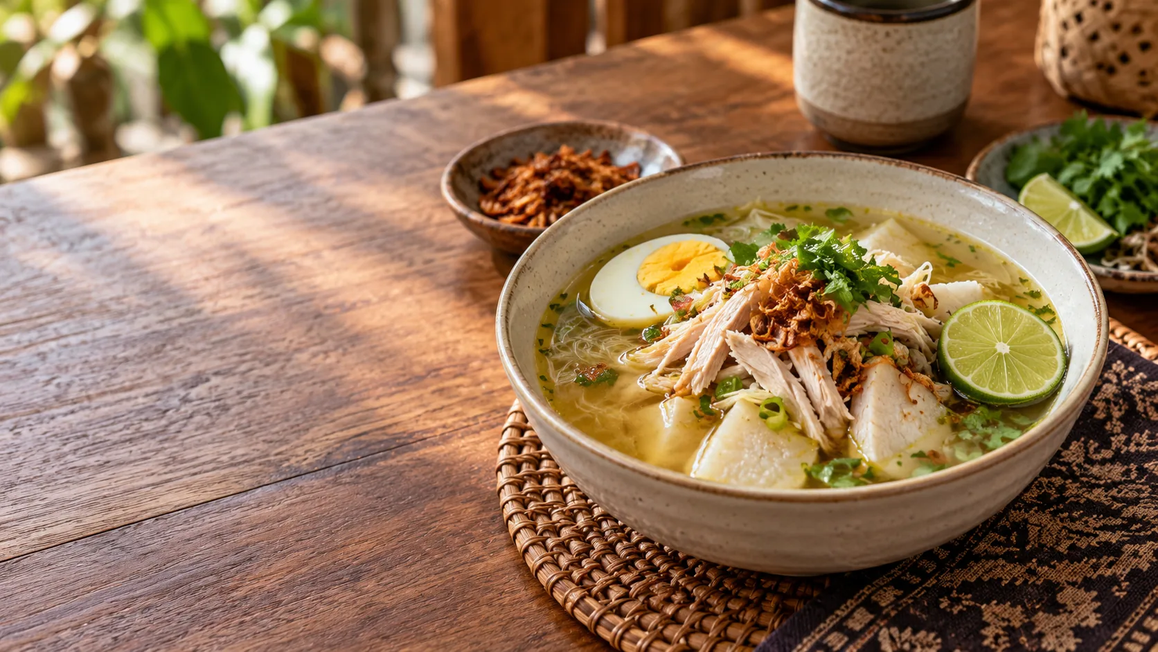 Visual sintetis semangkuk soto Banjar di meja kayu